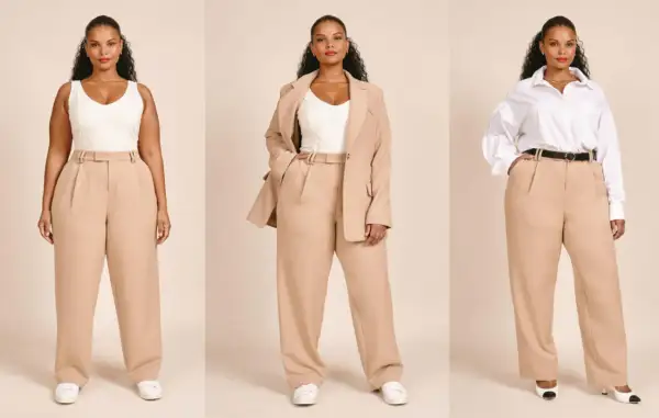 Kobieta plus size w beżowych spodniach wizytowych i różnych stylizacjach: top, marynarka, koszula.