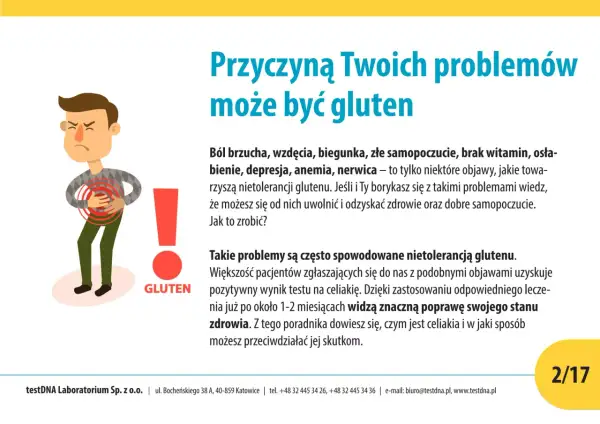Ilustracja przedstawia mężczyznę z bólem brzucha, symbolizującym problemy związane z nietolerancją glutenu.