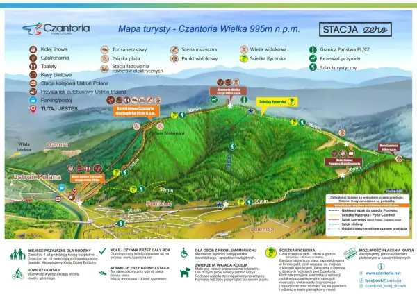 Mapa turystyczna Czantorii z zaznaczonymi szlakami. Najładniejszy szlak na Czantorię to Ścieżka Rycerska, idealna na rodzinną wycieczkę.