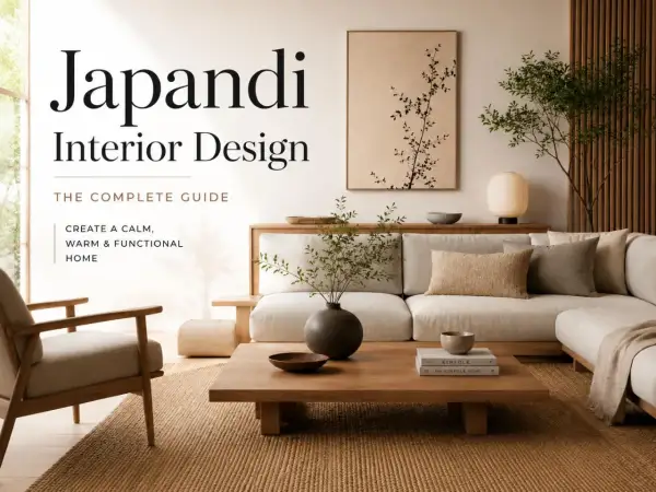 A serene living room embodying Japandi style, featuring a neutral sectional sofa, wooden furniture, and minimalist art. This guide helps create a calm, warm, and functional home.