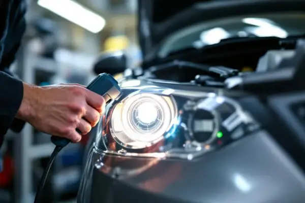 Un technicien vérifie le feu de position d'une voiture lors d'un contrôle technique, s'assurant de sa conformité.