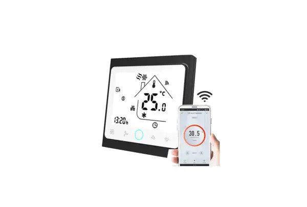 Thermostat intelligent notice thermostat Tuya, affichant 25.0°C et connecté à un smartphone.