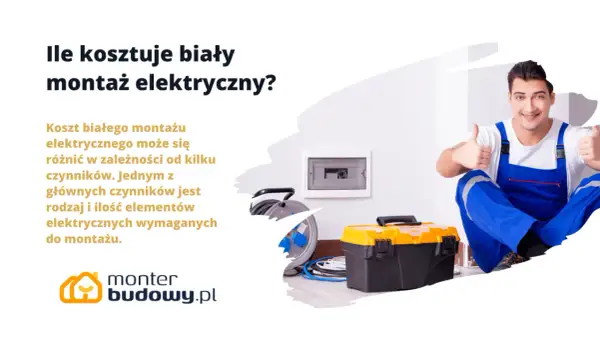 Elektryk w niebieskim ogrodniczkach pokazuje kciuki w górę obok skrzynki z narzędziami i rozdzielnicy. Biały montaż elektryczny to koszt zależny od wielu czynników.
