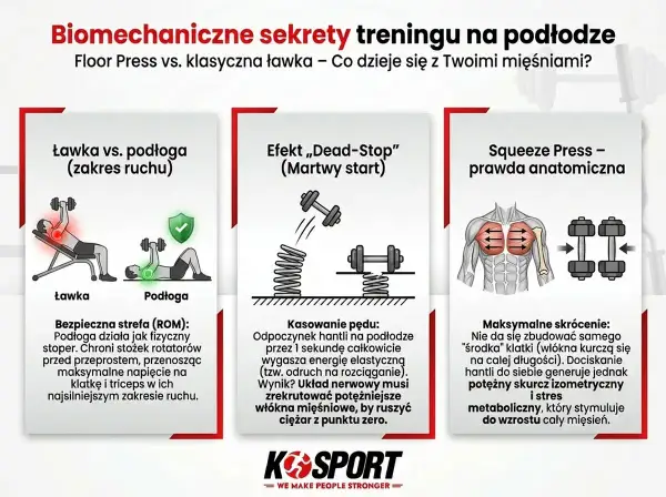 Porównanie ćwiczeń na dol klatki piersiowej: floor press vs. ławka. Grafika pokazuje zakres ruchu, efekt martwego startu i anatomiczną prawdę o squeeze press.