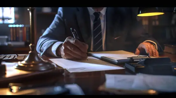 Un homme en costume signe des documents, peut-être pour un détournement de fonds et son remboursement.