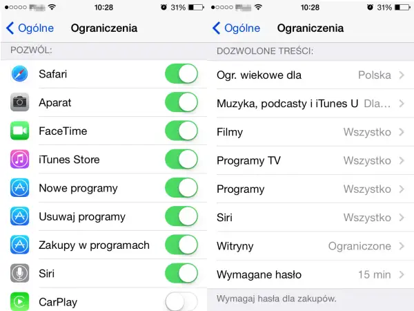 Ustawienia kontroli rodzicielskiej na telefonie. Można tu zarządzać dostępem do aplikacji, treści i funkcji, np. Safari, Aparat, FaceTime, iTunes Store, Programy, Siri.