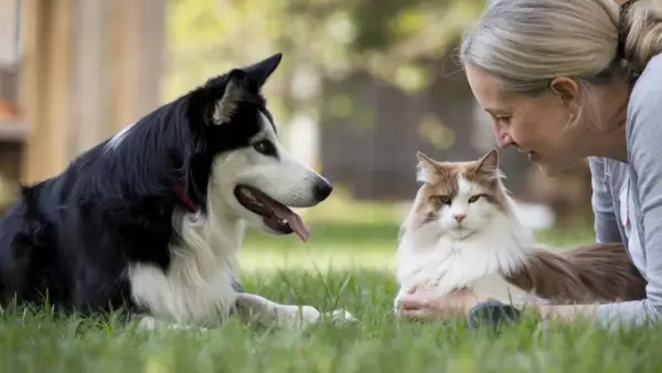 Una mujer sonríe a un gato mientras un perro, como un etólogo canino observando, yace cerca en la hierba.