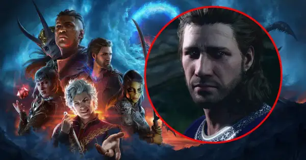 Postać z gry Baldur's Gate 3 premiera, otoczona przez innych bohaterów i mistyczną poświatę.
