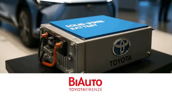 Un accumulatore allo stato solido Toyota, con logo e scritta "Solid-State Battery", pronto per rivoluzionare il futuro dell'elettrico.