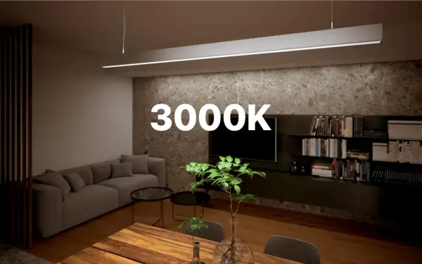 Nowoczesny salon z sofą, stołem i półkami. Ciepłe światło LED 3000K tworzy przytulną atmosferę.