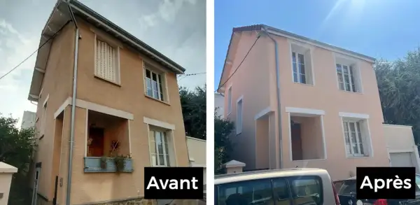 Avant/après d'une maison : l'isolation exterieur a transformé la façade, lui donnant un coup de jeune.