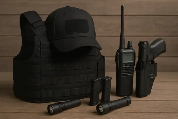 Chaleco táctico, gorra, linternas, cargadores, radio y pistola en funda. Equipo de seguridad **Miltec** listo para la acción.
