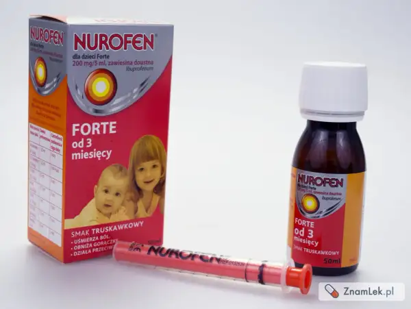 Nurofen dla dzieci Forte, zawiesina doustna o smaku truskawkowym, z dozownikiem. Informacje o dawkowaniu dla niemowląt i dzieci od 3 miesiąca życia.