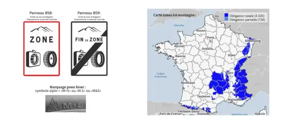 Carte des zones où le pneu neige est obligatoire en France. Panneaux signalant l'entrée et la sortie de ces zones.