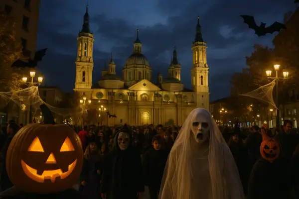 Gente disfrazada de fantasmas y calabazas celebra Halloween Zaragoza frente a la Basílica del Pilar iluminada. Murciélagos de cartón decoran la noche.