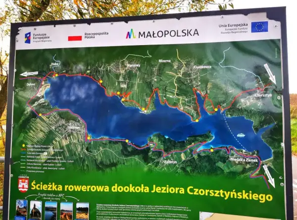 Mapa ścieżki rowerowej wokół Jeziora Czorsztyńskiego. Trasa Velo Dunajec biegnie malowniczymi terenami Małopolski.