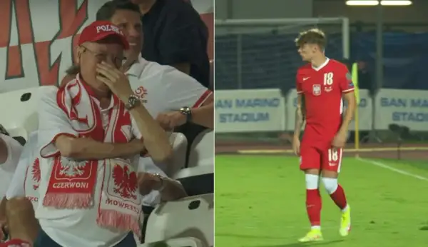 Wzruszony kibic w szaliku z orłem, tata Nicoly Zalewskiego, ogląda mecz. Obok młody piłkarz w czerwonej koszulce z numerem 18.