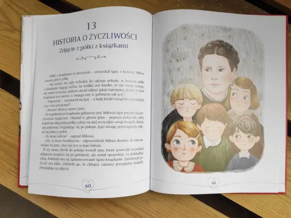 Ilustracja przedstawia grupę dzieci i dorosłego, otoczonych opowieściami o tym, co w życiu ważne.