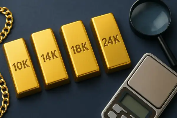 Sztabki złota o próbach 10K, 14K, 18K i 24K, obok wagi jubilerskiej i szkła powiększającego. Każda sztabka to symbol bogactwa, a 24K to czyste złoto.