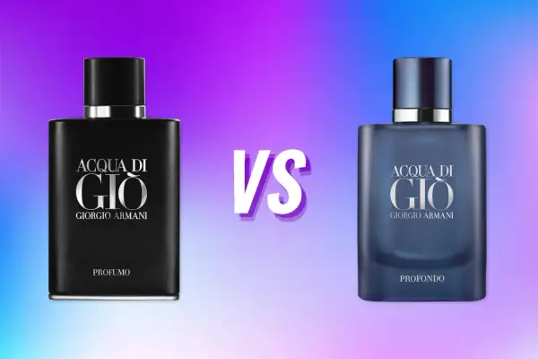 Dwa flakony Acqua di Gio Giorgio Armani: czarny Profumo i niebieski Profondo, na tle gradientu fioletowo-niebieskiego.