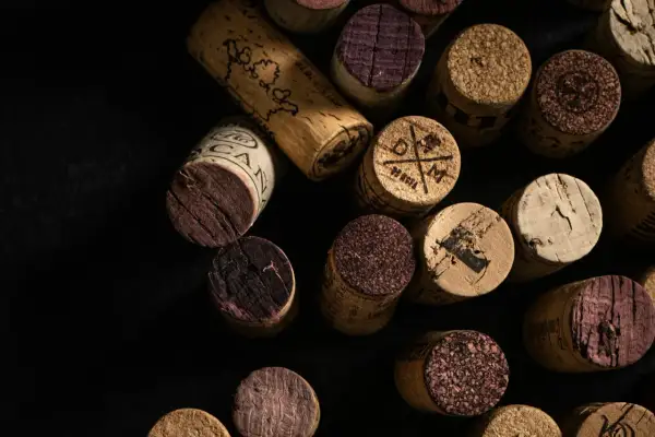Une collection de bouchons de vin en liège, certains marqués, d'autres usés. Un rappel visuel de la question : vin bouchonné pourquoi.
