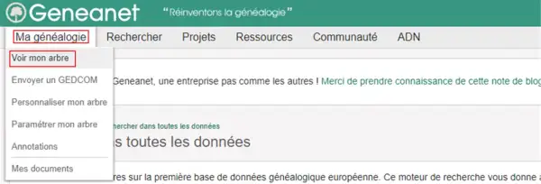 Menu Geneanet : "Ma généalogie" > "Voir mon arbre". Option "Envoyer un GEDCOM" visible.
