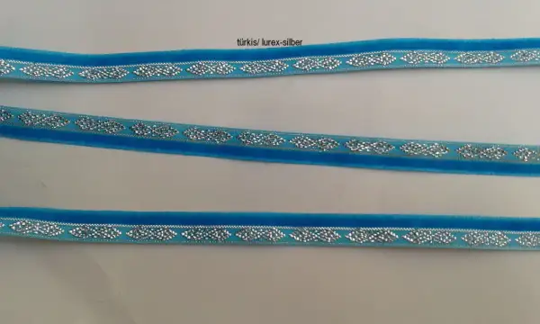 Türkisblaues Samtband mit silberner Lurex-Verzierung, ideal für Dirndl.
