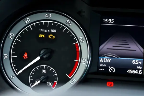 Testigo EPC encendido en el tablero del coche, junto a la luz del cinturón y la pantalla digital.