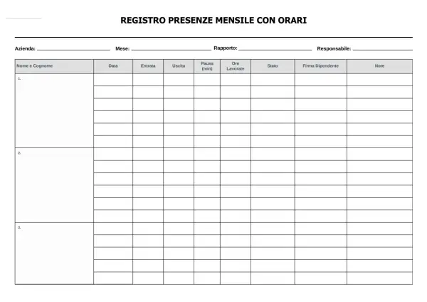Registro presenze dipendenti mensile con orari, per tracciare entrate, uscite, pause e ore lavorate.