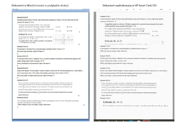 Dwa dokumenty z zadaniami matematycznymi, jeden w Word, drugi wydrukowany.