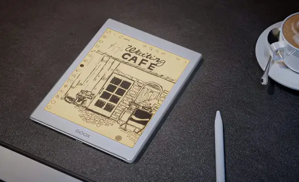 Une liseuse BOOX affiche un dessin de café, parfait pour lire vos nextory sur liseuse.