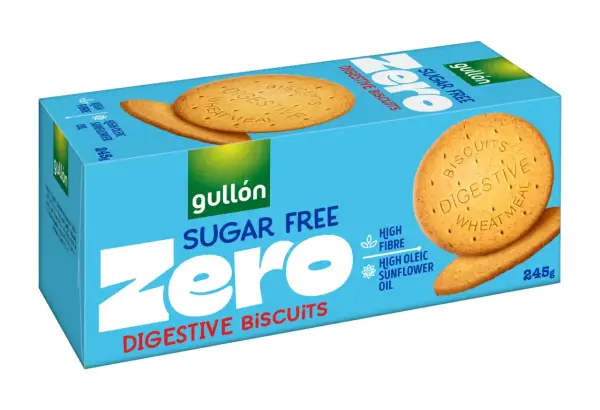 Opakowanie ciastek Gullón Zero Sugar Free Digestive Biscuits z dwoma ciastkami na wierzchu.