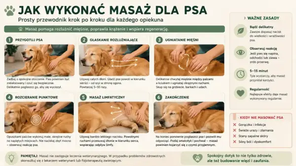 Delikatny masaż psa: przygotowanie, głaskanie, ugniatanie mięśni, rozcieranie, masaż limfatyczny i zakończenie. Relaksuje, poprawia krążenie.
