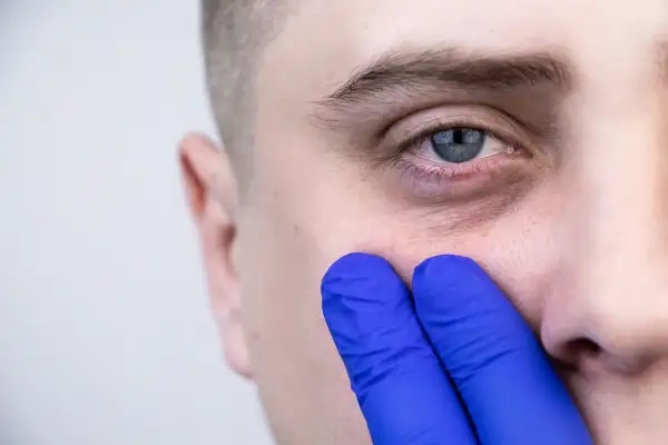 Dłoń w niebieskiej rękawiczce dotyka policzka, uwydatniając dolinę łez.