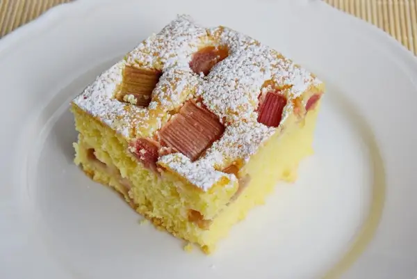 Puszyste ciasto z rabarbarem, posypane cukrem pudrem, na białym talerzu. Idealne na letnie popołudnie.