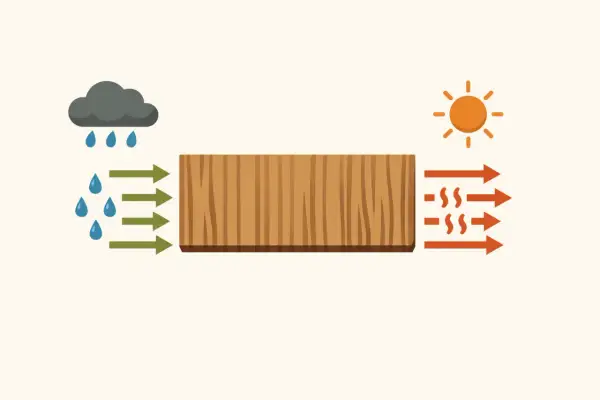 Ilustración de una tabla de madera: la lluvia y flechas verdes entran por la izquierda, el sol y flechas naranjas salen por la derecha. ¿Cuánto hay que dejar secar la imprimación?