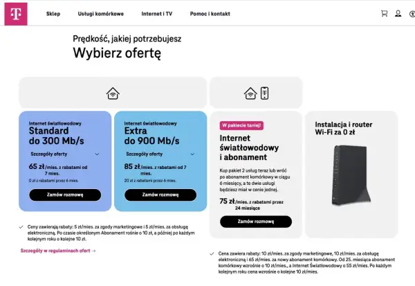 Oferty internetu światłowodowego: Standard do 300 Mb/s za 65 zł/mies., Extra do 900 Mb/s za 85 zł/mies. Pakiet światłowód i abonament za 75 zł/mies.