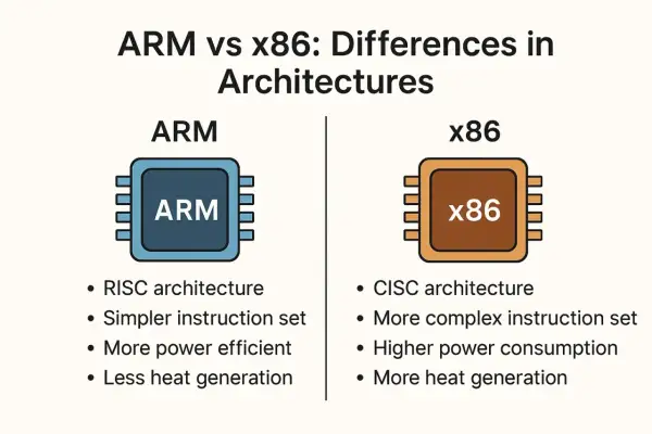 Comparativa de arquitecturas ARM vs x86: RISC vs CISC, eficiencia energética y generación de calor.
