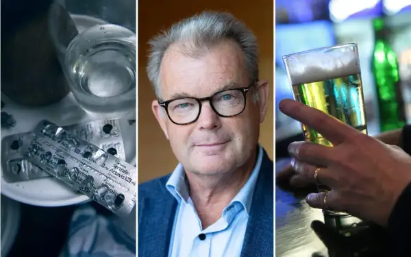 Triptyk som visar antidepressiva, en man med glasögon och ett glas öl. En påminnelse om riskerna med antidepressiva och alkohol.