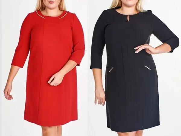 Dwie modelki plus size prezentują eleganckie sukienki wizytowe: czerwoną i czarną.