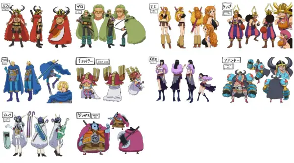 One Piece News: Strohhutpiraten im Elbaf-Stil! Luffy, Zoro, Nami, Usopp, Sanji, Chopper, Robin, Franky, Brook und Jinbe in neuen Outfits.