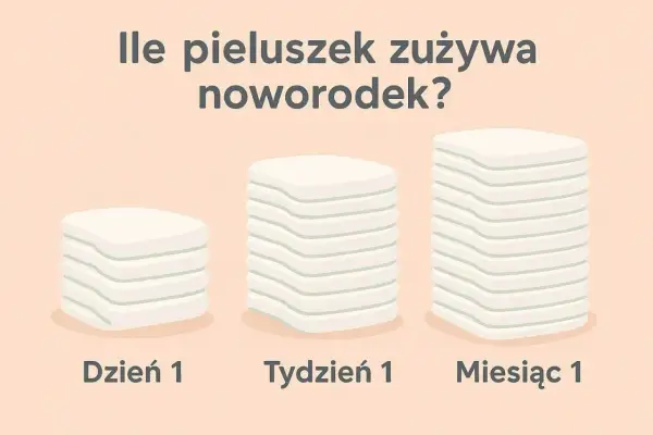 Ile pampersów dziennie zużywa noworodek? Grafika pokazuje stosy pieluszek na Dzień 1, Tydzień 1 i Miesiąc 1, ilustrując ich rosnącą liczbę.