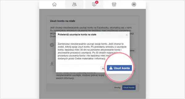 Potwierdzenie usunięcia konta na Facebooku. Kliknij "Usuń konto", aby dowiedzieć się, jak usunąć konto na FB.