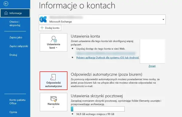 Ustawienia konta Outlook: włącz autoresponder, aby informować o nieobecności.