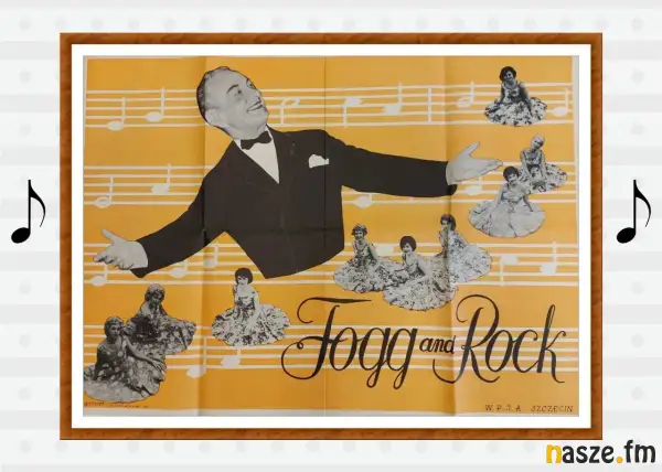 Artysta i tancerki na tle nut. Plakat zapowiada "Fogg and Rock", być może piosenki Fogga alfabetycznie.