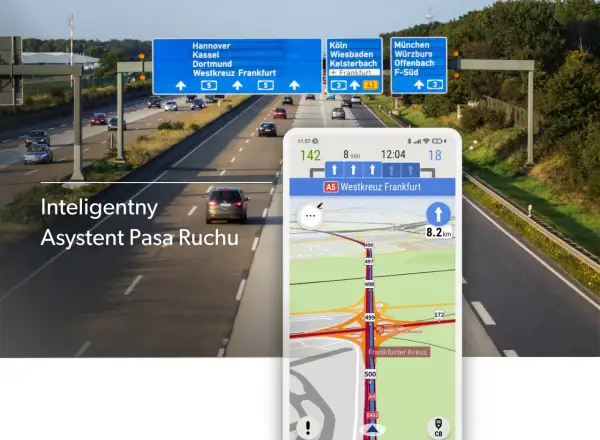 Nawigacja pokazuje wyznaczanie trasy z pominięciem dróg płatnych, prowadząc przez autostradę A5 do Frankfurtu.