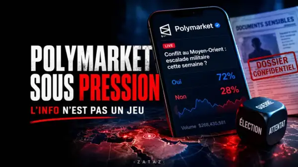 Polymarket sous pression : une application de prédiction face à la **fraude entreprise**. Un dé à six faces avec "Guerre", "Élection", "Attentat" symbolise les enjeux.