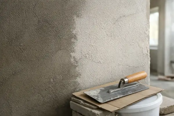 Narzędzia budowlane i świeżo nałożony tynk na ścianie. Czekamy, aż beton wyschnie, by kontynuować prace.