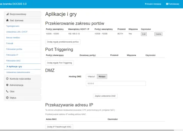 Ustawienia bramki DOCSIS 3.0: przekierowanie portów, Port Triggering, DMZ i przekazywanie IP. Widok panelu administracyjnego, przypominający interfejs technicolor cga2121.