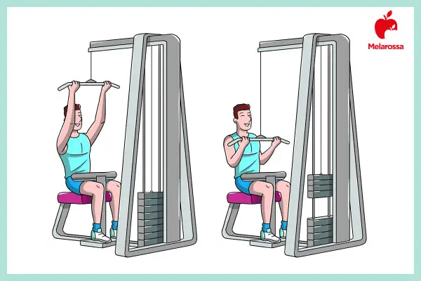 Uomo esegue esercizi bicipiti scheda con lat machine. Due posizioni mostrate per un allenamento completo.